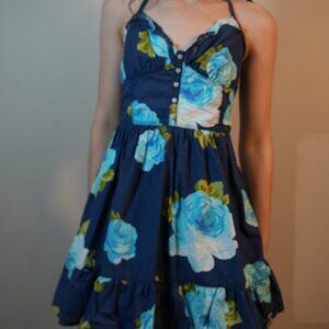 Babydoll Navy Blue Floral Halter Mini Sundress with Button Front & Tiered Skirt